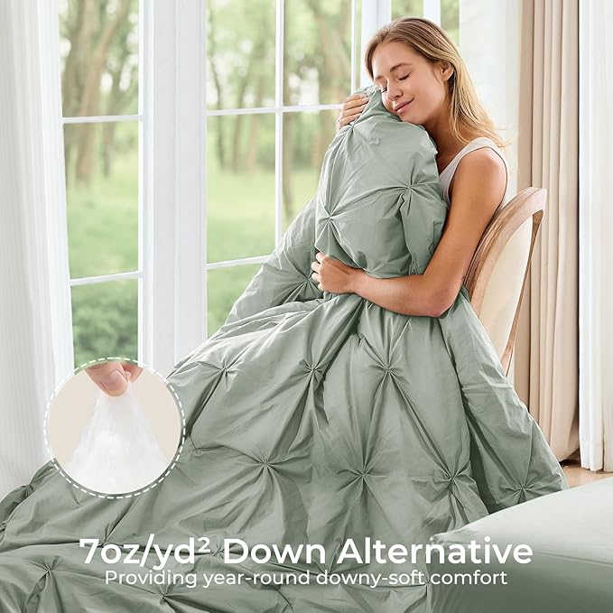 Sasttie Queen Comforter Set, 7-Piece Bed in a Bag, Pintuck Bedding Set for All Season, Includes Comforter, Flat Sheet, Fitted Sheet, Pillowcases and Pillowshams, Dusty Green