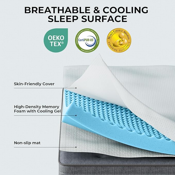 OhGeni 3 Inch King Memory Foam Mattress Topper Pad with Cover, Egg Crate Foam with Anti-Slip Base, Enhanced with Cooling Gel，Premium Comfort for Sleep & Back Pain Relief, Removable & Washable