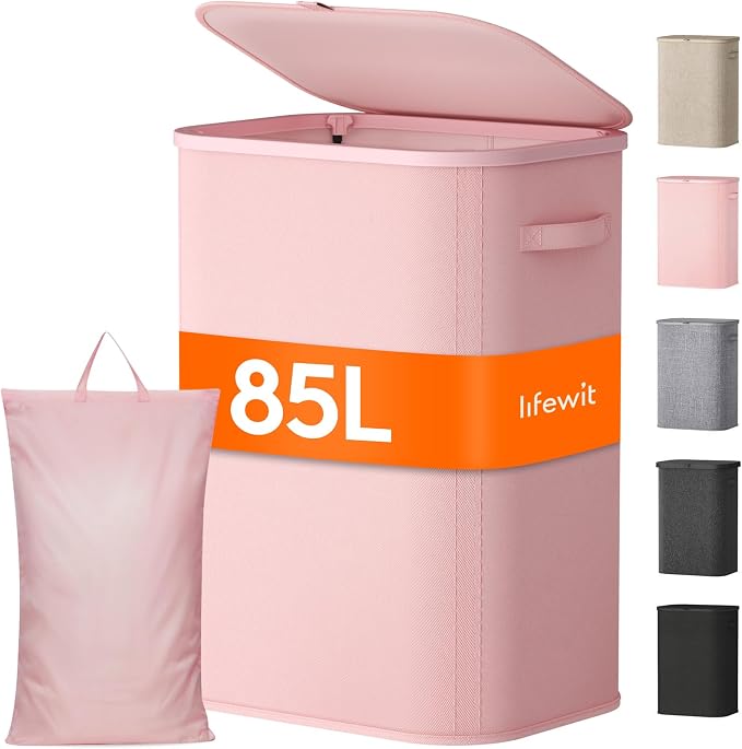 Lifewit 85L Large Laundry Basket with Lid, Laundry Hamper with Plastic Handles and Removable Bag, Foldable Tall Dirty Clothes Hampers for Laundry for Laundry Room, Bedroom, Bathroom, Dorm, Pink by Lifewit