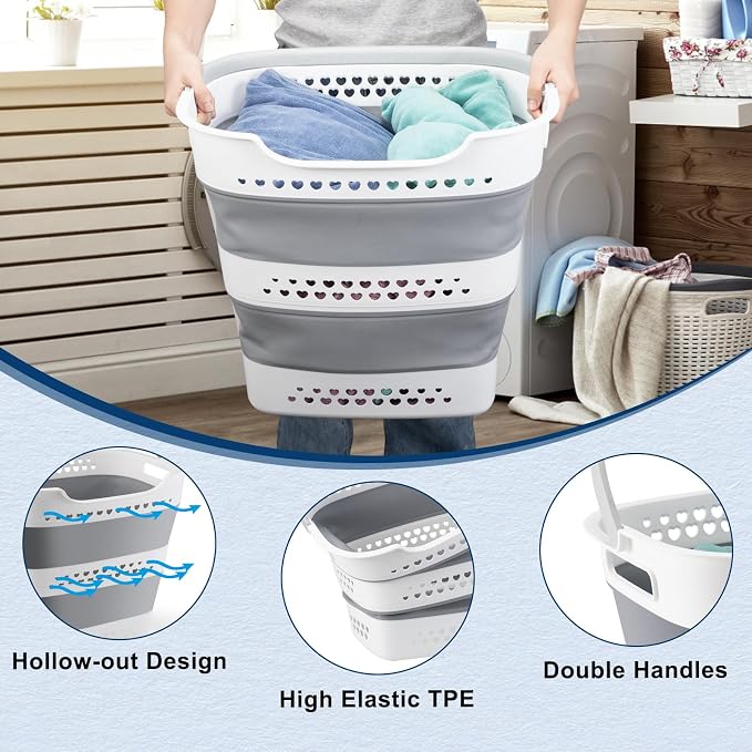 Collapsible Laundry Basket Foldable Pop-Up Laundry Hamper with Comfort Handles Portable Plastic Laundry Storage Basket Organizer Space Saving Dirty Clothes Hamper Container for Home, Dorm (Grey) - Image 4