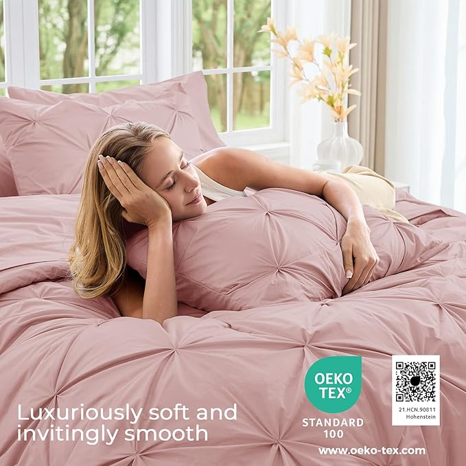Sasttie Twin XL Comforter Set, 5-Piece Bed in a Bag, Pintuck Bedding Sets for All Season, Includes Comforter, Flat Sheet, Fitted Sheet, Pillowcase and Pillowsham, Rose Gold