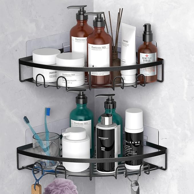 Corner Shower Caddy, 2 Pack Adhesive Bathroom Shower Corner Organizer Shelf, No Drilling Rustproof Wall Mounted Shower Storage Rack Shampoo Holder Organizer (Black) by Kerisgo