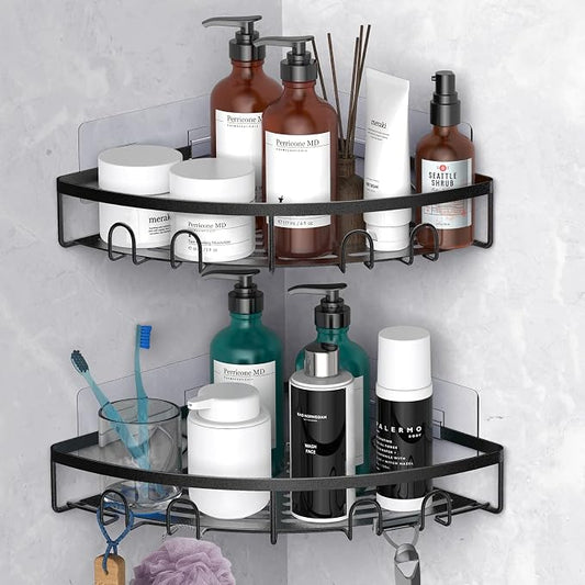 Corner Shower Caddy, 2 Pack Adhesive Bathroom Shower Corner Organizer Shelf, No Drilling Rustproof Wall Mounted Shower Storage Rack Shampoo Holder Organizer (Black) by Kerisgo