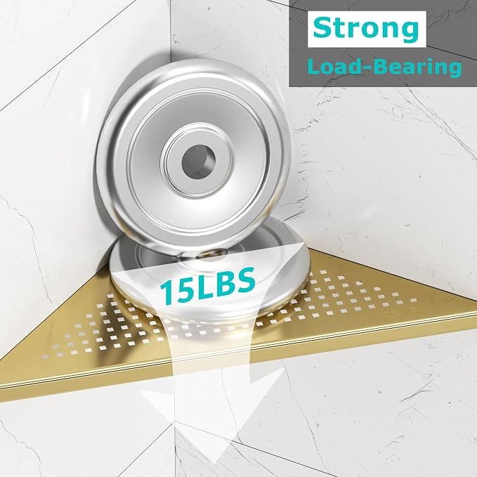 Qeke Bathroom Corner Shelf, Recessed 12" Shower Shelf Caddy, SUS304 Stainless Steel Shelf Wall Mount Triangular, No Drilling, Brushed Golden - Image 5