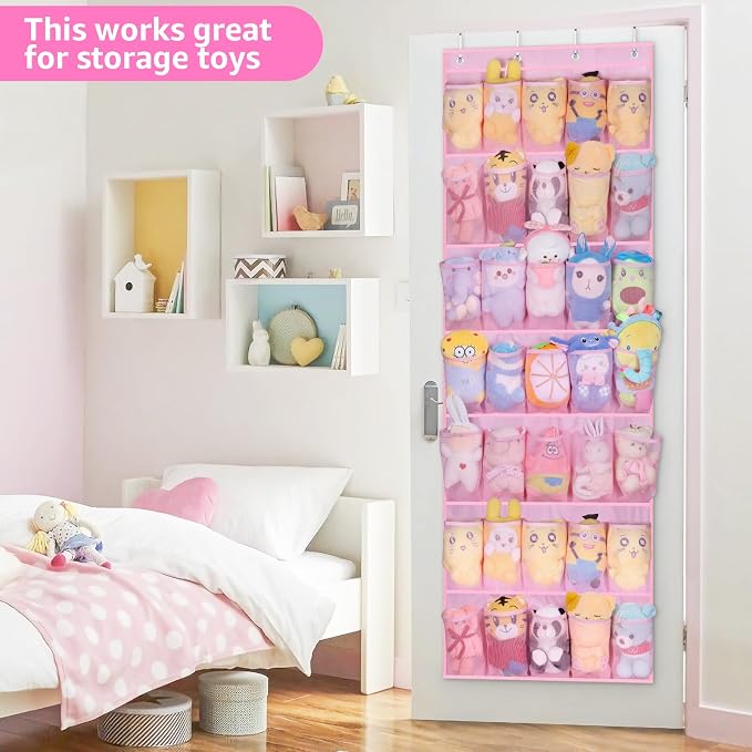 MISSLO 35 Large Pockets Over The Door Shoe Organizer Sturdy Oxford Fabric Hanging Shoe Rack for Door Mesh Closet Shoe Holder Hanger, Pink - Image 7