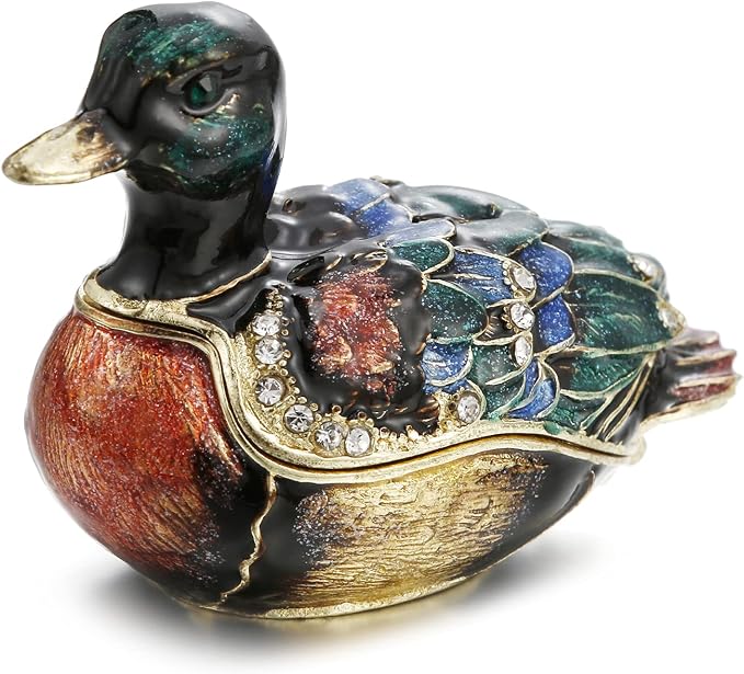 Hand Painted Enamel Duck Trinket Box for Home Decor, Hinged Jewelry Organizer for Ring Earrings, Unique Figurine Keepsake Collectible Personalized Elegant Handmade Ornament Gifts (Green Duck) by AzurtLCX