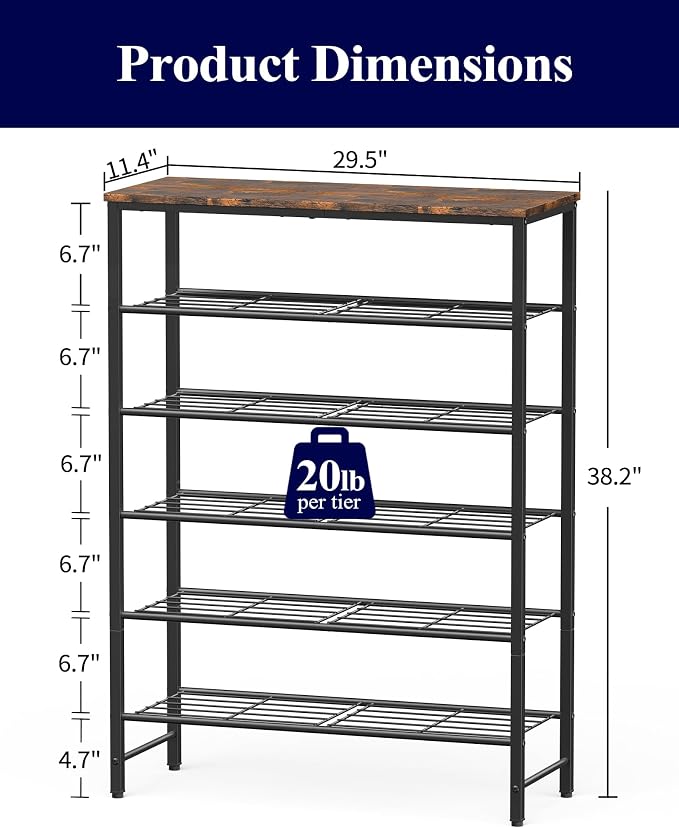 Kitsure Shoe Rack for Closet, Rustic Brown Shoe Organizer with Leveling Feet, Sturdy & Rust-Proof Shoe Storage for Entryway, Bedroom, Living Room, 29.5" x 11.4" x 38.2", Brown - Image 2