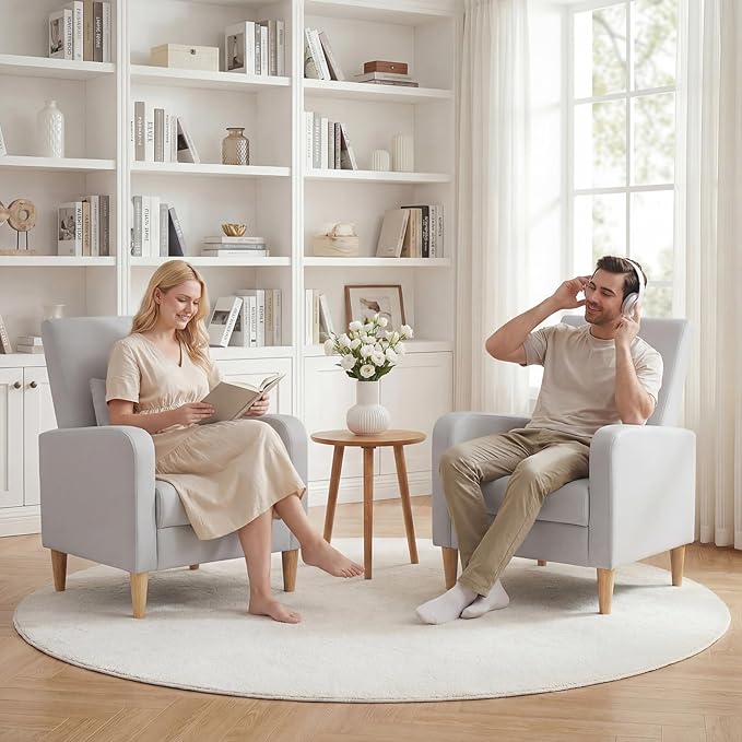 COLAMY Faux Leather Accent Living Room Chairs Set of 1, Upholstered Arm Chair Reading Side Chair, Single Sofa with Back Pillow and Wood Legs, Light Grey