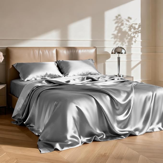 Love's cabin California King Satin Sheet Sets - 4 Piece Dark Grey Silky Sheets Bed Set with Deep Pocket, Luxury Silk Feel Satin Cal King Sheet Set (1 Flat Sheet,1 Fitted Sheet,2 Pillow Cases)