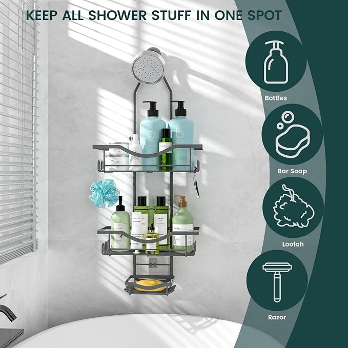 REINHARDT Shower Caddy Hanging Adjustable, Extended Length Rustproof Shower Caddy Over Shower Head with Hooks Soap Holder, Large Capacity Shower Organizer Anti-Swing Bathroom Organizer, Grey - Image 7