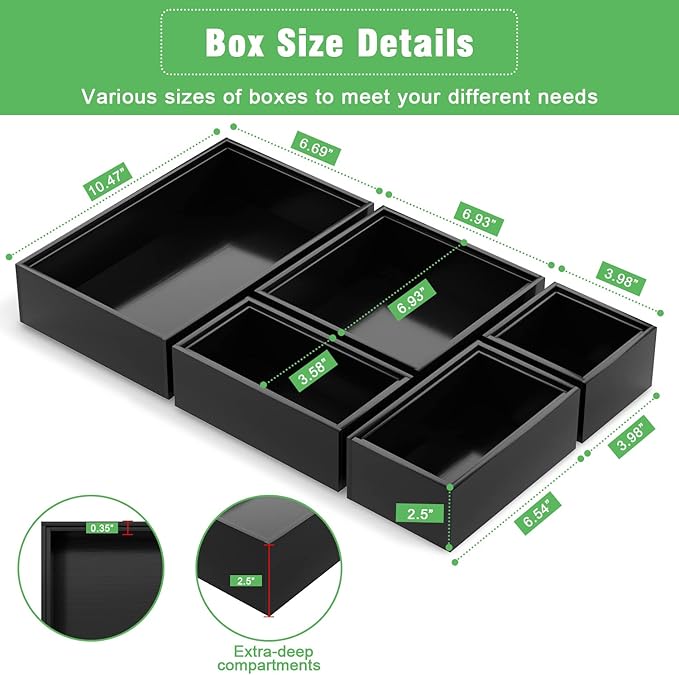 Black Bamboo Bathroom Drawer Organizer, Wooden Kitchen Utensil Holder Set of 5, Stackable Junk Drawer Organizer Tray, Multi-Use Storage Bins Boxs Dividers for Home, Office, Clothing, Makeup, Jewelry - Image 2