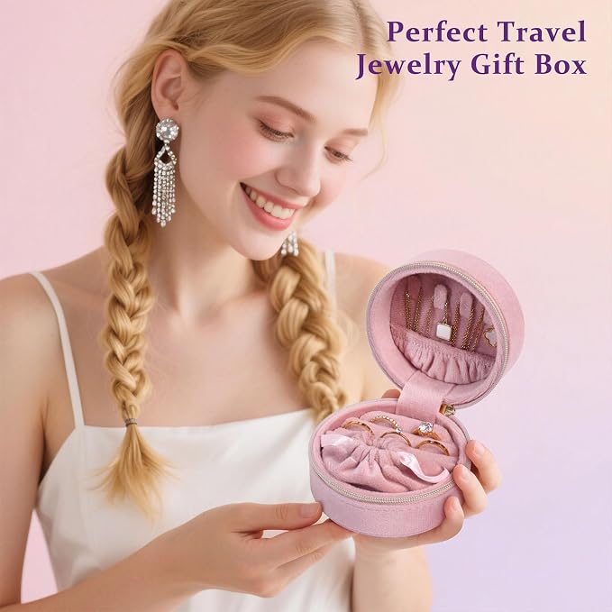 CONBOLA Travel Jewelry Case Small Jewelry Box for Women Girls,Round Velvet Mini Jewelry Travel Organizer,Portable Jewelry Box for Rings Earrings Necklaces Bracelets.(Pink,Small) - Image 8