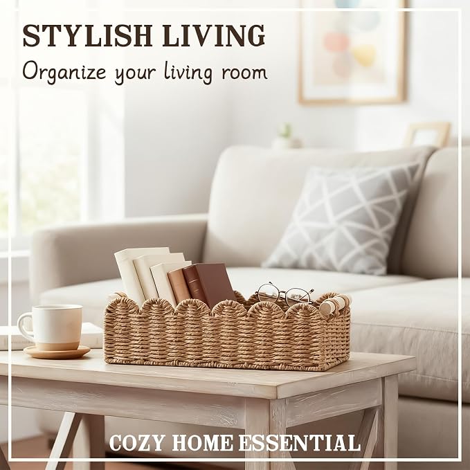 Upgraded Paper Rope Scalloped Edge Toilet Paper Storage Basket, Small Living Room, Bedroom Decor Baskets for Over Toilet Storage Shelf, End Table, Shelves and More, with 2 Wooden Handle (Neutral) - Image 2