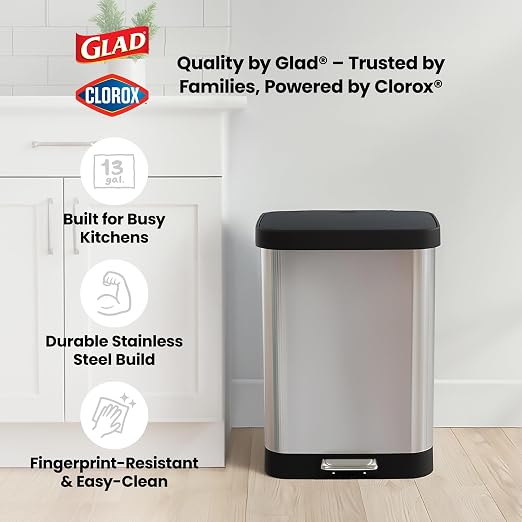 Glad GLD-74506 Stainless Steel Step Trash Can with Clorox Odor Protection | Large Metal Kitchen Garbage Bin with Soft Close Lid, Foot Pedal and Waste Bag Roll Holder, 13 Gallon, Stainless - Image 8