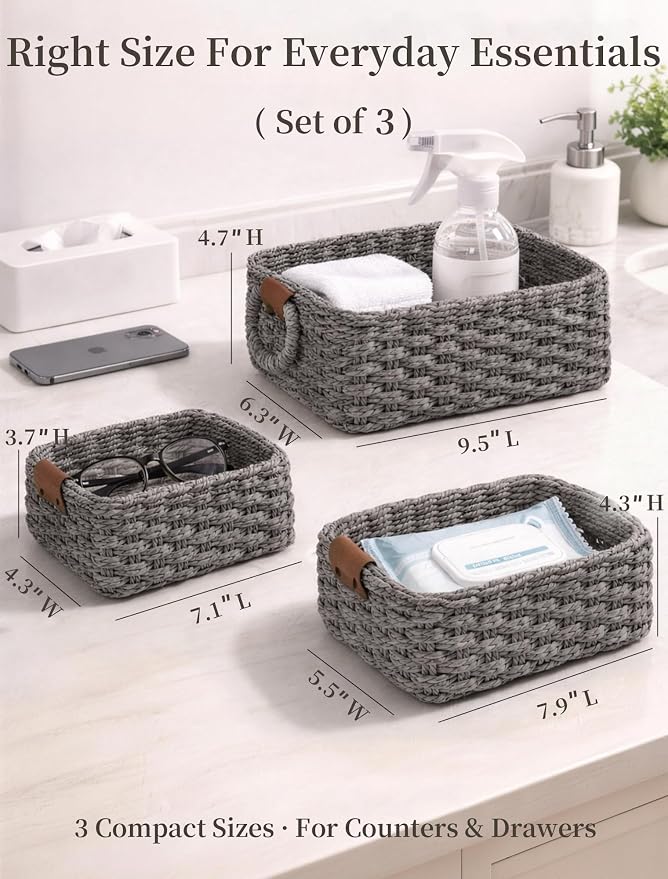 Storage Basket, Recycled Paper Rope Bathroom Basket Organizer, 3Pcs Small Baskets for Organizing, Mini wicker Basket for Decorative Storage Bins, Shelves, Bathroom, Cabinet - Grey - Image 2