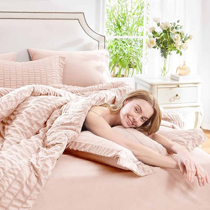 CozyLux Full Size Comforter Sets with Sheets 7 Pieces, Blush Pink Seersucker Bed in a Bag Textured Luxury Soft Bedding Sets with Down Alternative Comforter, Sheets, Pillowcases & Shams for All Seasons
