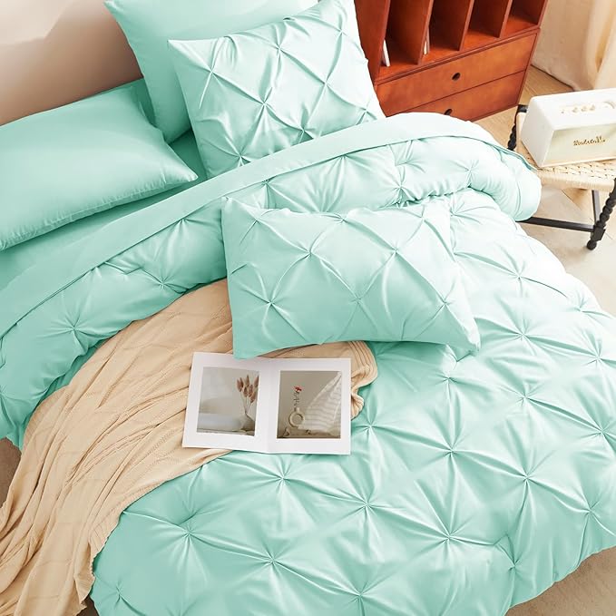 CozyLux King Size Comforter Set Mint Green, 7 Pieces Pintuck Bed in A Bag Green Comforter King Size, Pinch Pleat Bedding Set with All Season Comforter, Flat Sheet, Fitted Sheet, Pillowcases & Shams