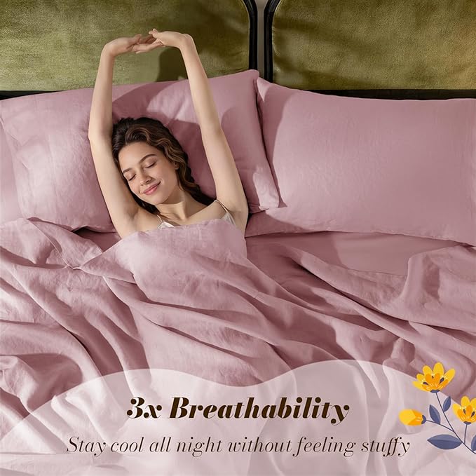 SONORO KATE 100% French Pure Linen Sheets, Breathable and Durable Linen Full Size Sheets, Anti-Tear Linen Bed Sheets, Machine Washable, 16 Inch Deep Pocket - 4 Piece (Embroidery Purple, Full)