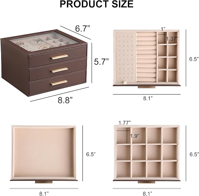 Frebeauty Clear Lid Jewelry Box,3-Layer Jewelry Organizer with Drawer,PU Leather Jewelry Organizers and Storage,Jewelry Boxes for Women,Jewelry Storage for Rings Earring Stud,Gift for Women(Brown) - Image 3