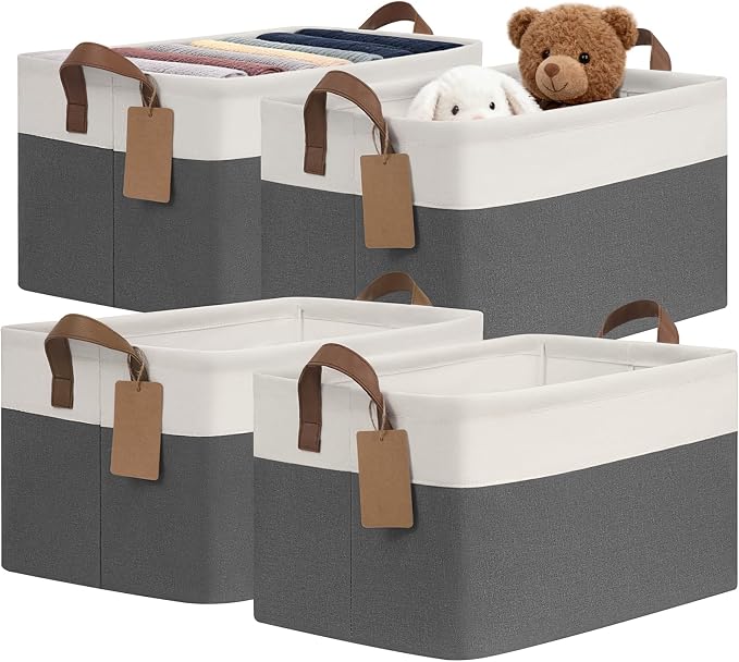 CHICVITA 4 Pack Large Storage Baskets for Shelves, Collapsible Closet Organizer Bins with Handles, Decorative Shelf Baskets for Bedroom Living Room, 16.8" x 11" x 9.8", Gray & White by CHICVITA