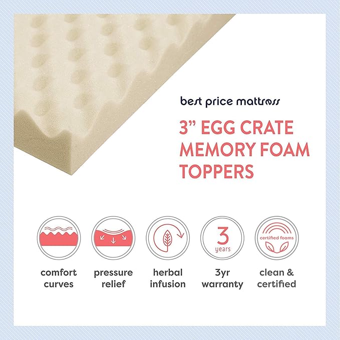 Best Price Mattress 3 Inch Egg Crate Memory Foam Mattress Topper with Copper Infusion, CertiPUR-US Certified, Dorm Essentials, Twin