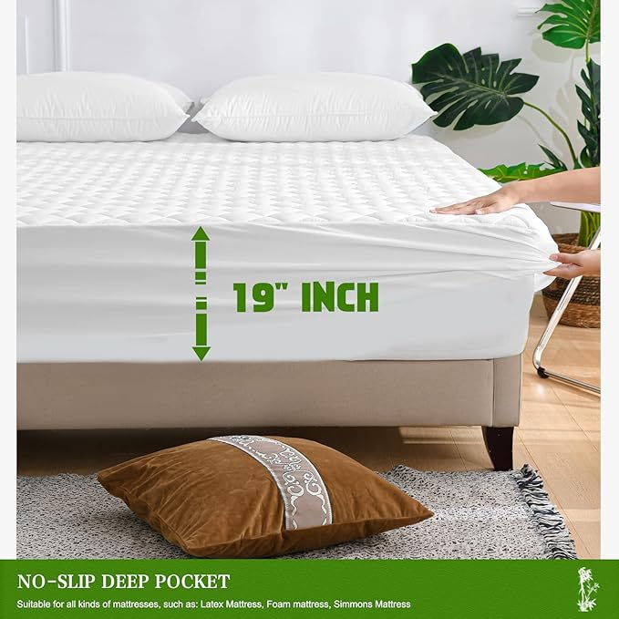 UNILIBRA Full Mattress Pad Waterproof Rayon Made from Bamboo, Fitted Deep Pocket Mattress Cover fits 6''-19'', Breathable Quilted Mattress Protector, White