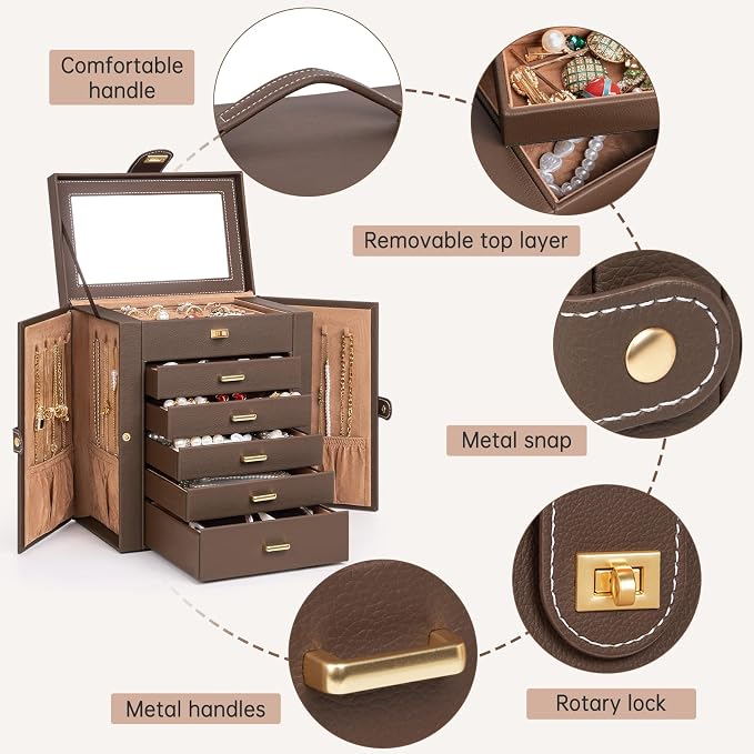 AKOZLIN 6-Tier Jewelry Box Organizer Functional 5 Drawers Leather Jewelry Storage Case for Women Girls Ring Necklace Earring Bracelet Holder Organizer with Mirror Brown - Image 5