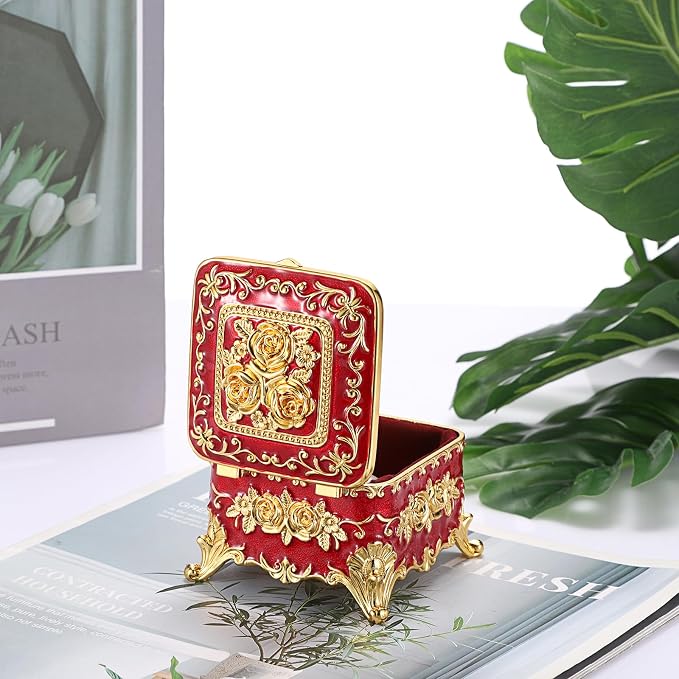 Hipiwe Vintage Metal Jewelry Box - Small Trinket Organizer Ring Box Case with Rose Pattern Jewelry Storage Box for Ring Earrings Necklace, Keepsake Box for Women,Red - Image 4