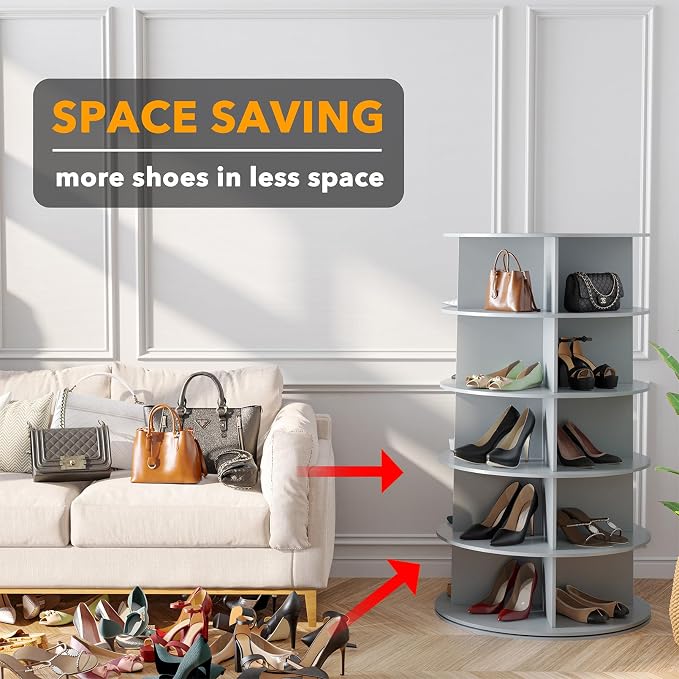 SpaceAid 5 Tier Rotating Shoe Rack Tower, Spinning Shoe Display Lazy Susan, Revolving 360 Shoe Rack Storage Round Carousel, Vertical Handbag Rotate Shoes Closet Organization (5-Tier Gray) - Image 3