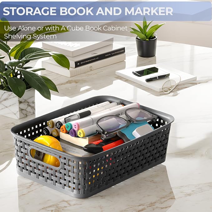 6 Pack Plastic Storage Baskets, Small Baskets for Organizing, Plastic Storage Bins Wicker Pantry Organizer Bins Household Toys for Laundry Room, Bedrooms, Kitchens, Cabinets, Countertops - Image 7