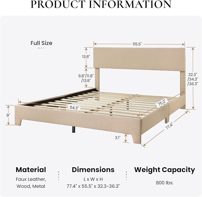 SHA CERLIN Upholstered Full Size Bed Frame with Adjustable Headboard, Stable Mattress Foundation, Strong Back-Support, No Box Spring Needed, Beige