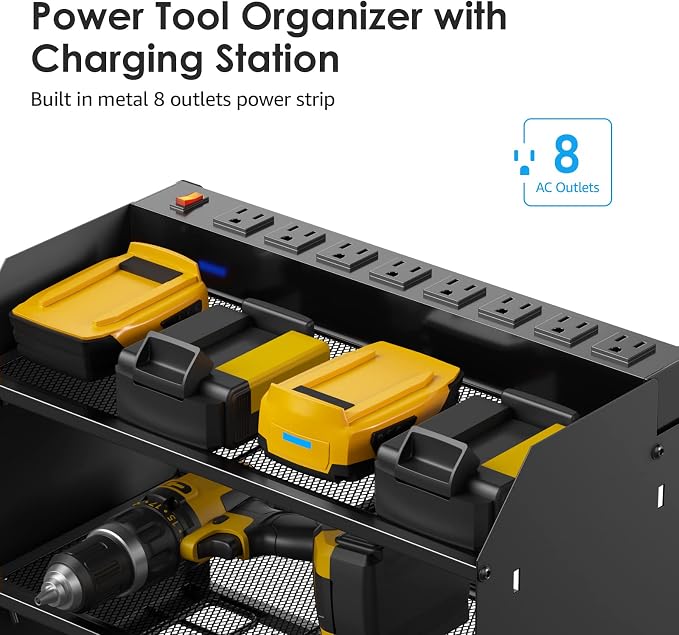CCCEI Modular Power Tool Organizer Wall Mount with Charging Station. Garage Drill Storage Shelf with Hooks, Heavy Duty Rack, Tool Battery Holder Built in 8 Outlet. Gift for Men. Black, 2 Pack. - Image 3