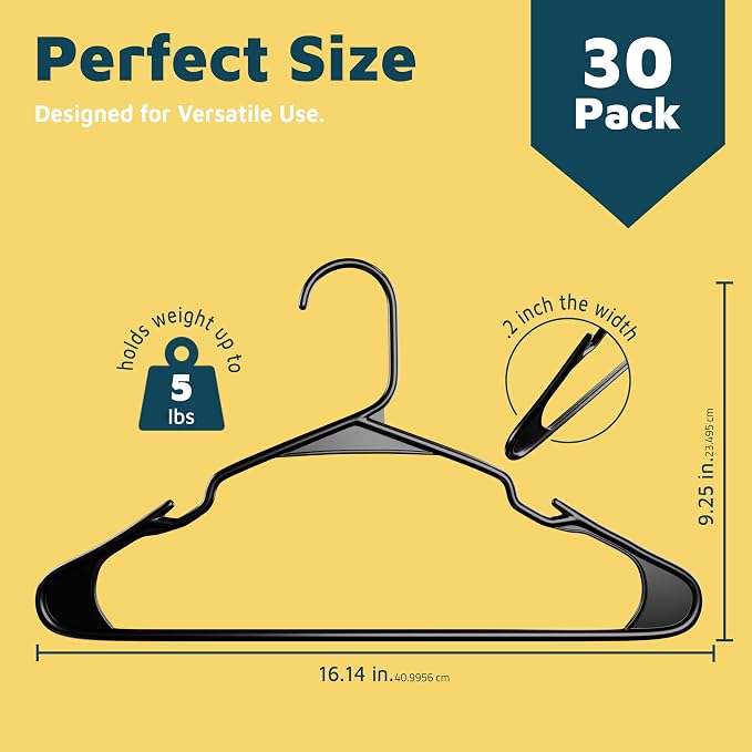 Lifemaster Plastic Clothes Hanger Set - 30 Pieces Versatile, Lightweight, Space-Saving, Non-Slip, Slim Designed, Dry and Wet Clothes Hanger Set - Black - Image 2