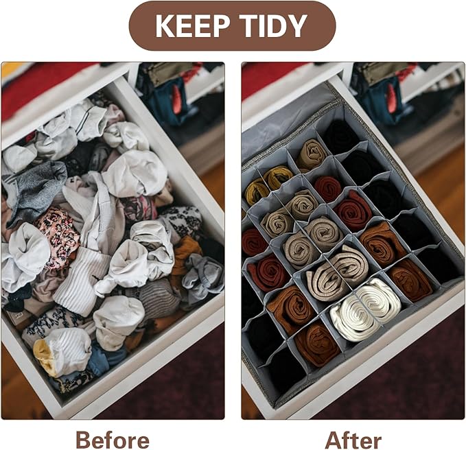 PINGMIC Gray Sock Organizer Divider 1 Pack with Lid - 30 Cell Foldable Closet Storage, Tie Organizer For Men Boxes for Socks, Ties, Belts - Image 6