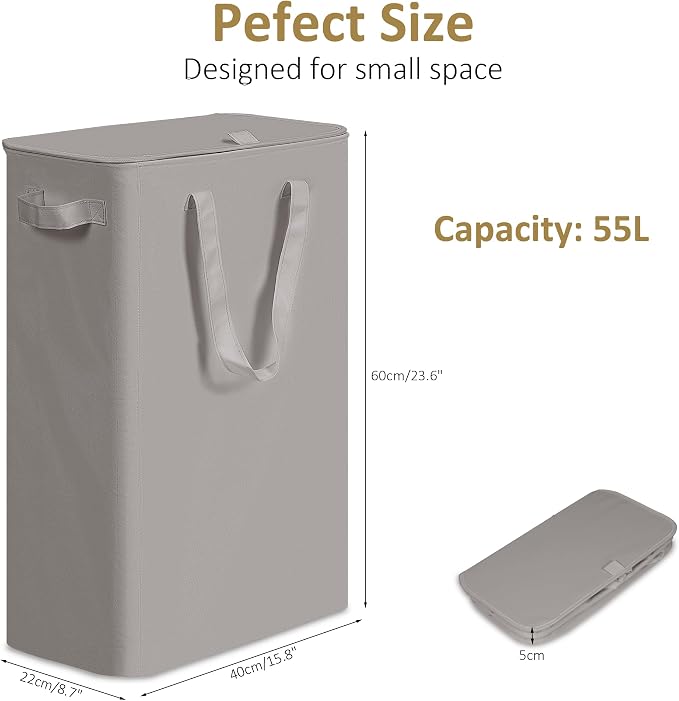 efluky Slim Laundry Basket with Lid, Narrow Laundry Hamper with Handles, Collapsible Dirty Clothes Hamper, Tall Laundry Bin for Laundry Room, Dorm and Bedroom, 55L Grey - Image 2