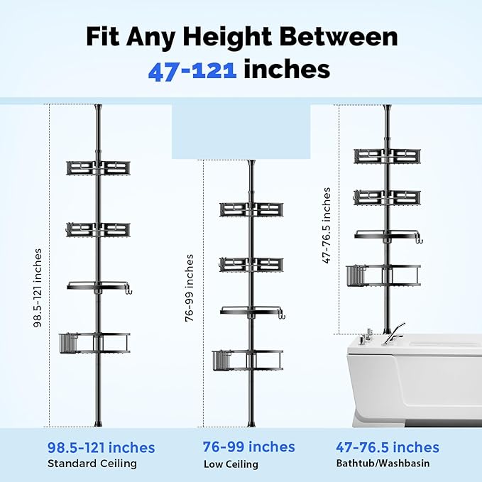 HAMITOR Corner Shower Caddy Tension Pole: Quick Installation 4-Tier Rustproof Bathroom Organizer Shelves for Bathtub Shampoo Storage - 47-121 inch Adjustable Floor Standing Bath Rack Holder - Black - Image 6