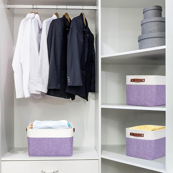 Bagnizer Storage Bins Large Fabric Storage Baskets for Shelves 3 Pack, Decorative Linen Closet Baskets with Handles for Organizing, Shelf, Clothes, Home, Office, 15x11x9.5Inches (Purple&White) - Image 2