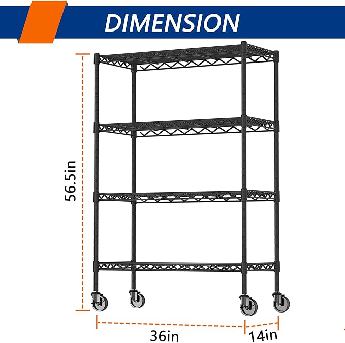 Soywey 4-Shelf Adjustable Heavy Duty Storage Shelving Unit on 4 Wheel Casters, Metal Organizer Wire Rack for Laundry Bathroom Kitchen Pantry Closet, Black - Image 3