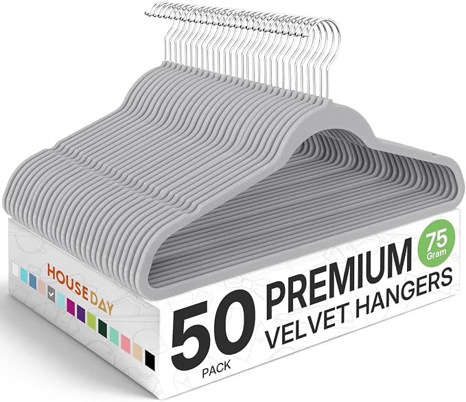 HOUSE DAY Premium Velvet Hangers 50 Pack Grey, Non-Slip Flocked Felt Hangers, Sturdy Clothes Hanger with 360° Rotatable Hook, Heavy Duty Durable Slim Coat Hanger for Closet Space Saving by HOUSEDAY
