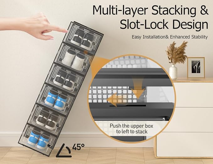 Kuject XX-Large Shoe Storage Boxes Organizers Clear Plastic Stackable 12 Pack, Shoe Rack & Holder Substitute, Sneaker Containers, Shoe Storage Organizer Bins for Closet, Under Bed, Black(No Fold Line) - Image 4