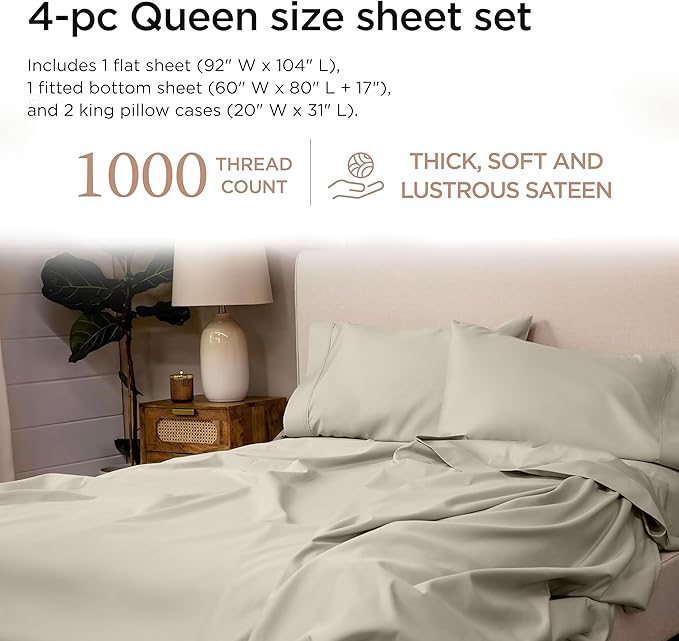 Threadmill Supima Cotton Queen Sheet Set, 1000 Thread Count Queen Sheets for Queen Mattresses, 4 Piece American Luxury Bed Sheets, Sateen Hotel Quality Sheets with Elasticized Deep Pocket, Taupe