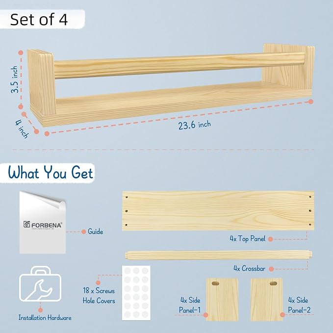 Forbena Natural Wood Nursery Bookshelves for Wall, 24 Inches Long Floating Book Shelves, Wall Mounted Bookcase for Baby Teen Girl Boy Kids Room Bedroom, Playroom Organizer, Bathroom Decor (4-Pack) - Image 3