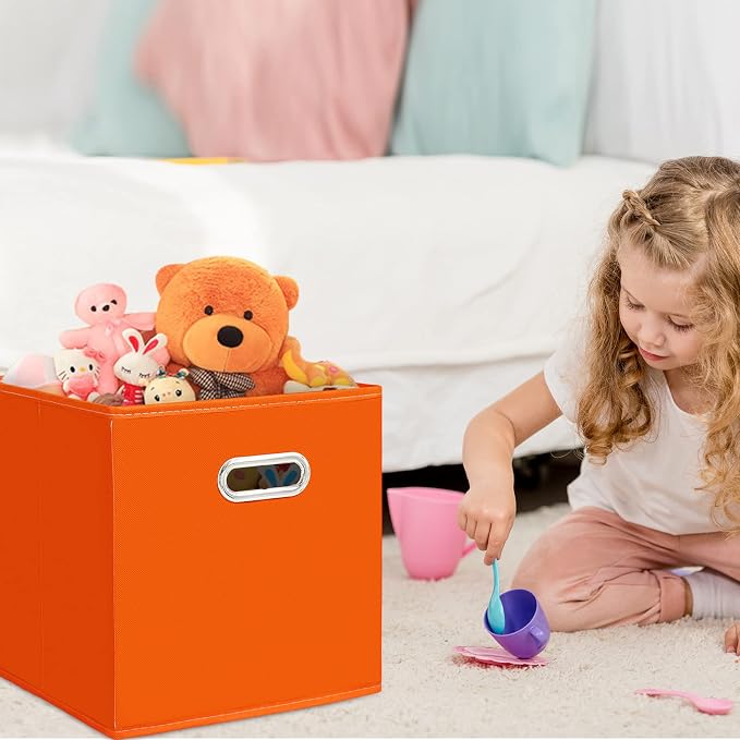 Black Fabric Cubby Storage Bins,13x13x13 Inches ,Cube Organizer Bin Foldable Storage Boxes with Dual Handles Fabric Organizer Box and collapsible Storage basket,Set of 3,Orange - Image 4