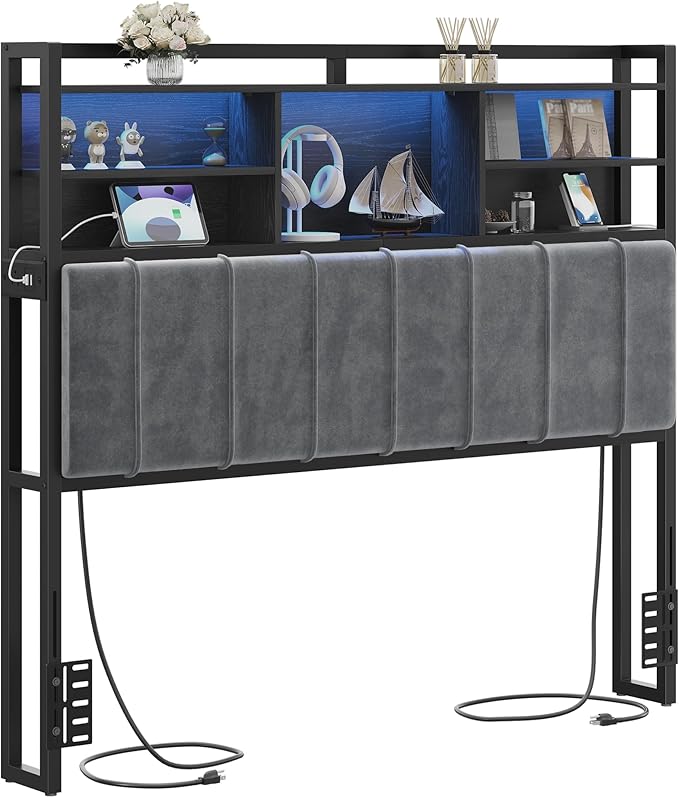 Hzuaneri Headboard with 3-Tier Storage Shelves, Velvet Upholstered Head Board with 2 Outlets, USB Ports & LED Light, Soft Backrest for Full Size Bed, Black BH13804B
