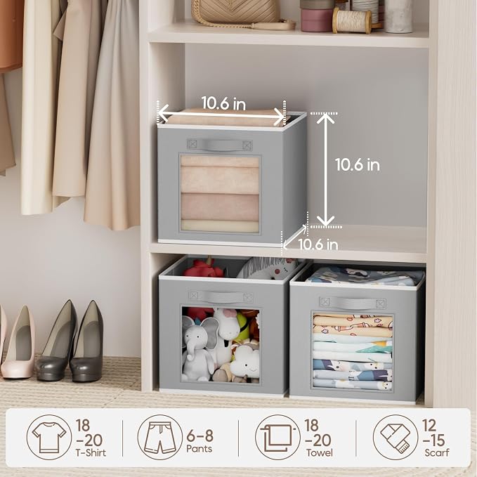 Homsorout Bins for Closet Organization - Cubby Storage Organizer with Window, Closet Baskets for Shelves, Folding Cubes for Storage, Storage Bins for Home, 11inch, Set of 8, Grey - Image 4