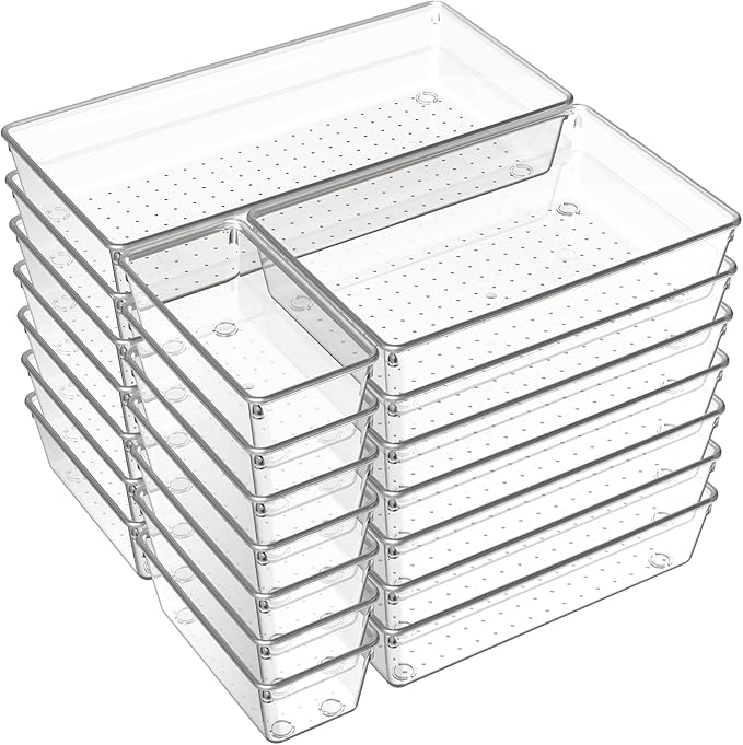 Criusia 21 Pack Large Clear Plastic Drawer Organizer Trays | BPA-Free Acrylic Organizer Bins for Large Kitchen Utensils, Bathroom, Makeup, Jewelries, Office Desk, School Supplies, Perfume by Criusia