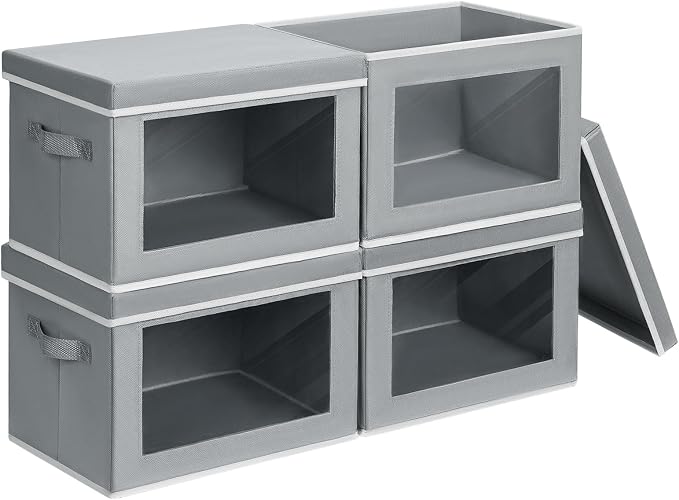 Homsorout Large Storage Bins with Lids - Stackable Cube Bins for Closet, 4 Pack Clear Windows Fabric Organizer Bins, Home Organizers and Storage for Clothes, CD, Towels, Grey by Homsorout