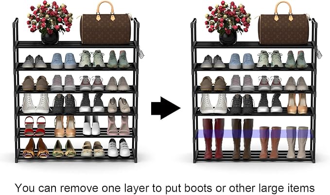 Hsscblet 6 Tiers Metal Shoe Rack,Adjustable Shoe Shelf Storage Organizer with Hooks,Stackable Boot & Shoe Storage,for Entryway,Hallway,Closet,Black - Image 5
