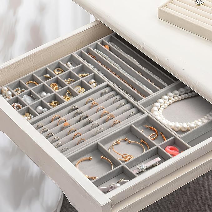 SPAKOWN Jewelry Drawer Organizer Inserts Set of 9, Velvet Jewelry Trays for Drawers, Storage for Earring, Ring, Necklace, Watch, Bracelet (Grey) - Image 5
