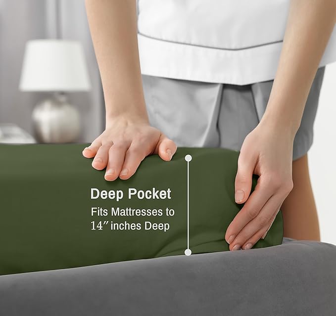 RUVANTI 100% Cotton Sheets – California King Percale Bedding, Cooling & Breathable, Durable with a Crisp, Soft & Comfortable Feel, 14" Deep Pocket, 4-Piece Set, Chive